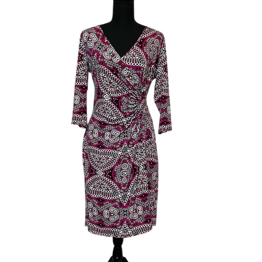 Laundry by Design Pink White Faux Wrap Pattern Midi Dress S